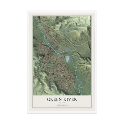 Map of Green River, Wyoming, 12 x 18 inch print in a white wood frame