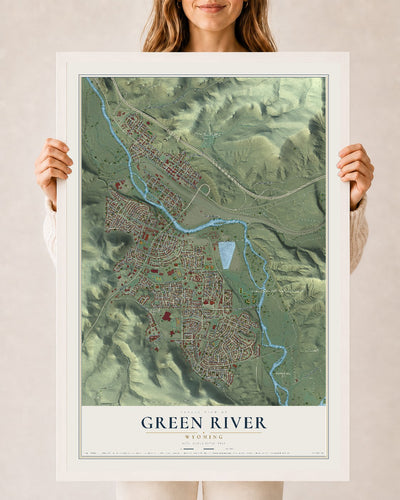 Map of Green River, Wyoming, 24 x 36 inch print in a white wood frame