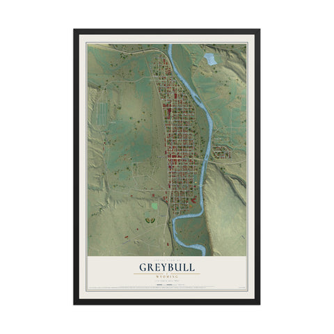 Map of Greybull, Wyoming, 12 x 18 inch print in a black wood frame