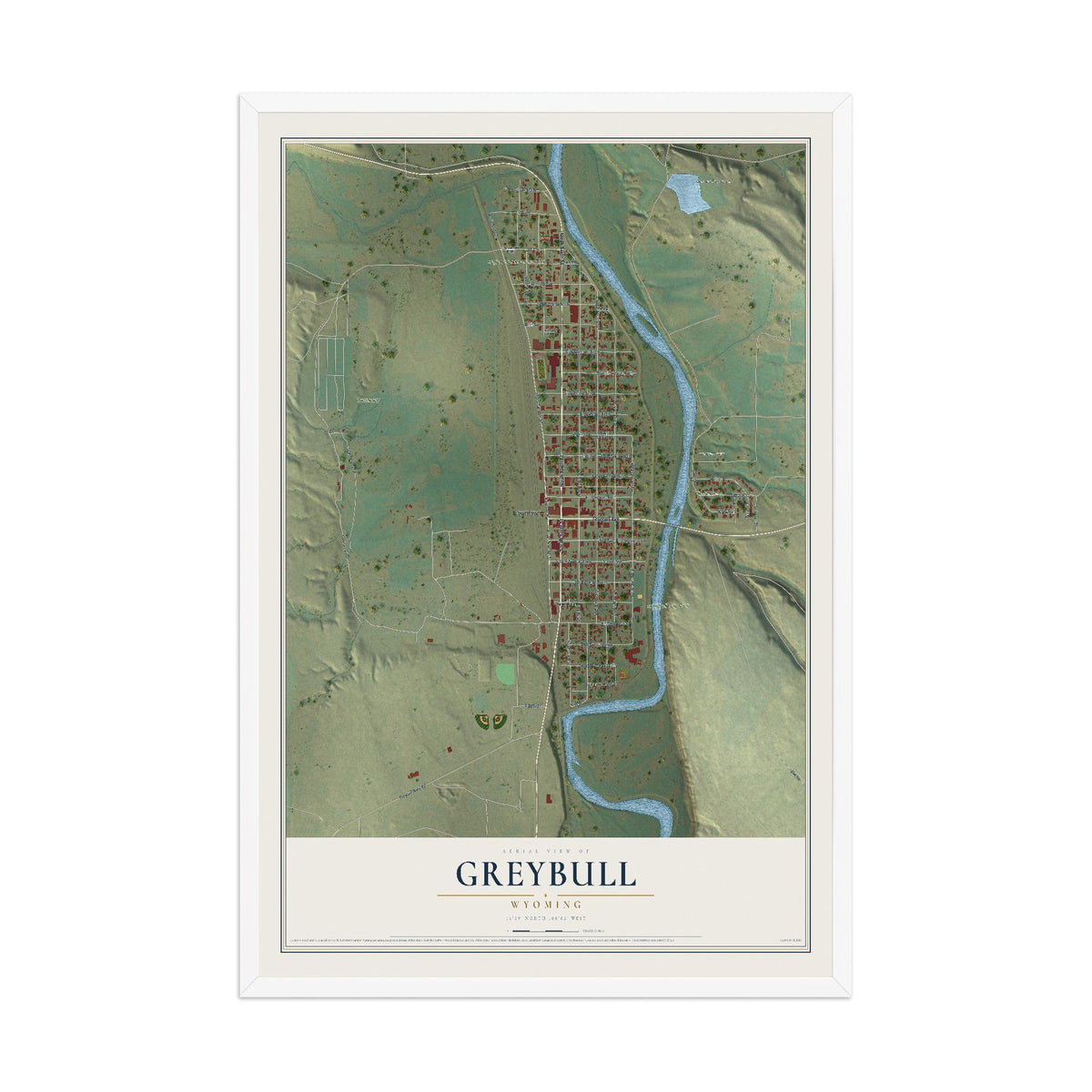 Map of Greybull, Wyoming, 12 x 18 inch print in a white wood frame