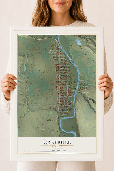 Map of Greybull, Wyoming, 18 x 24 inch print in a white wood frame