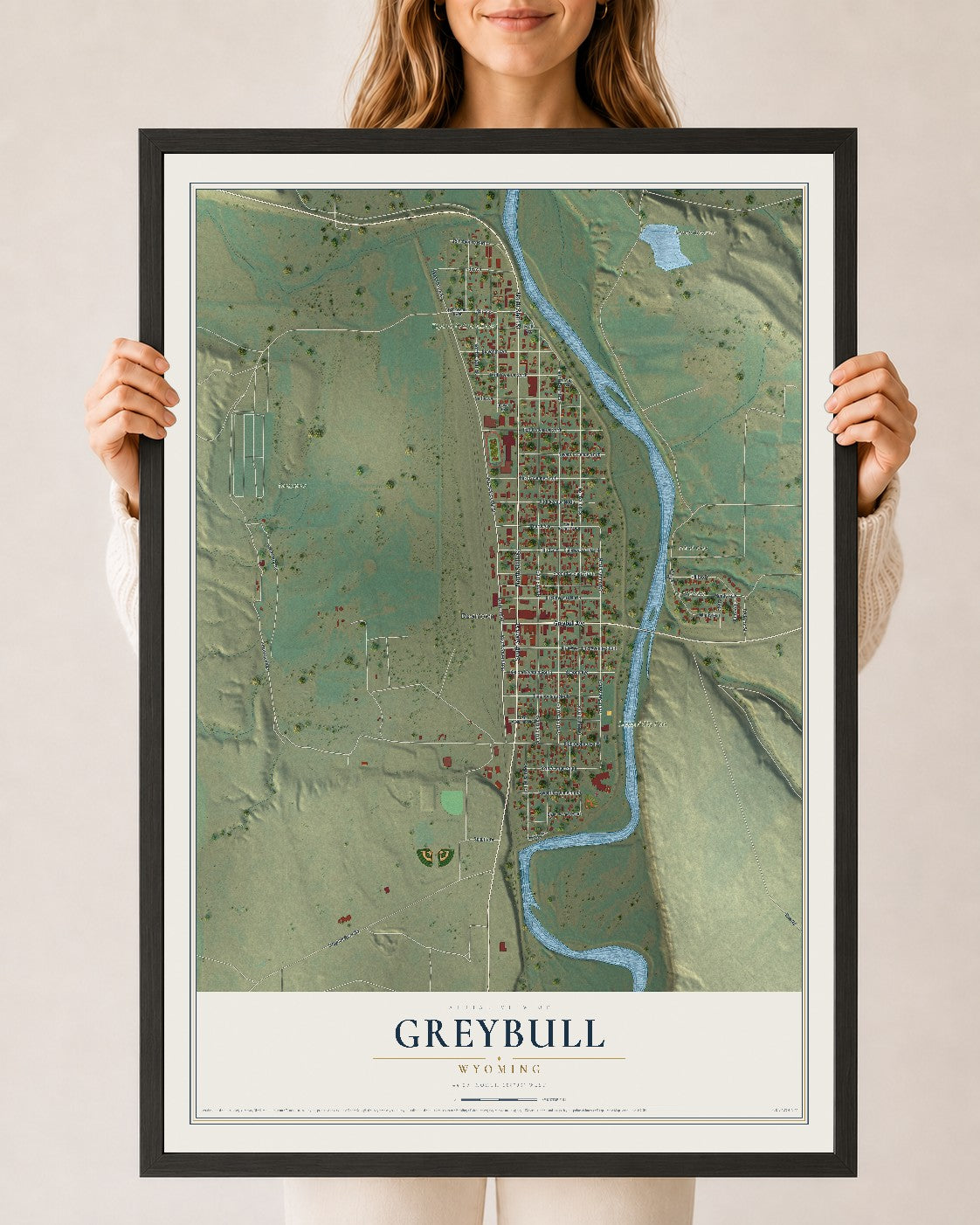 Map of Greybull, Wyoming, 24 x 36 inch print in a black wood frame