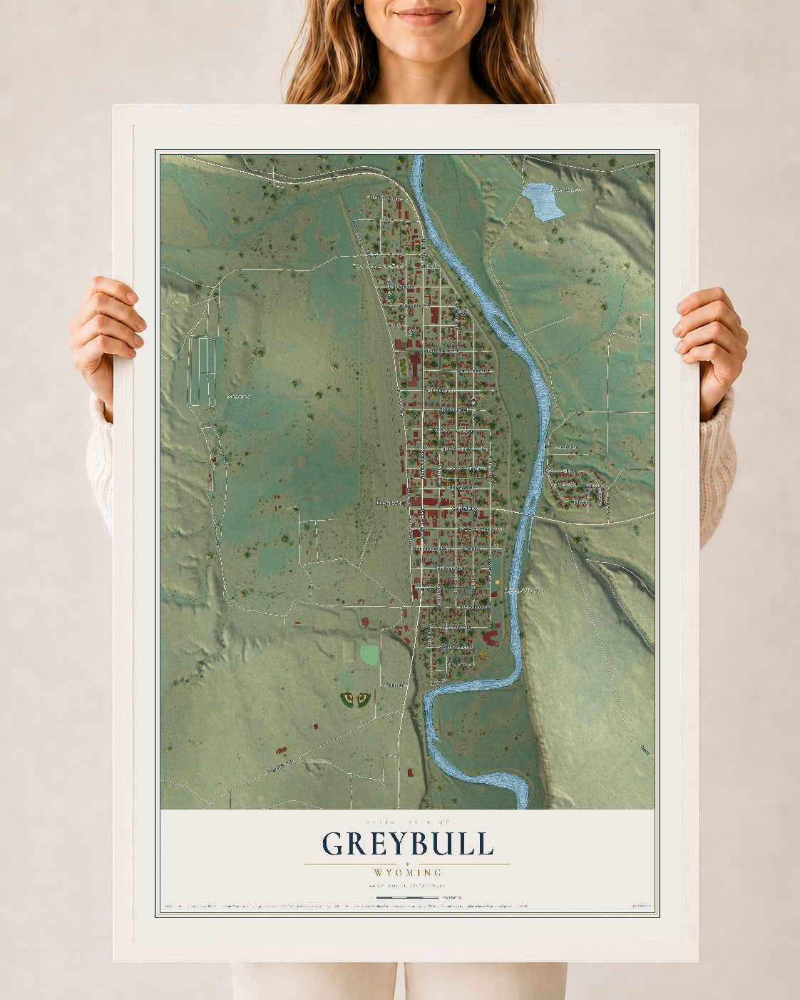 Map of Greybull, Wyoming, 24 x 36 inch print in a white wood frame