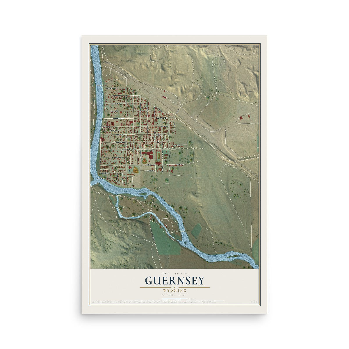 Map of Guernsey, Wyoming, 12 x 18 inch unframed archival matte print