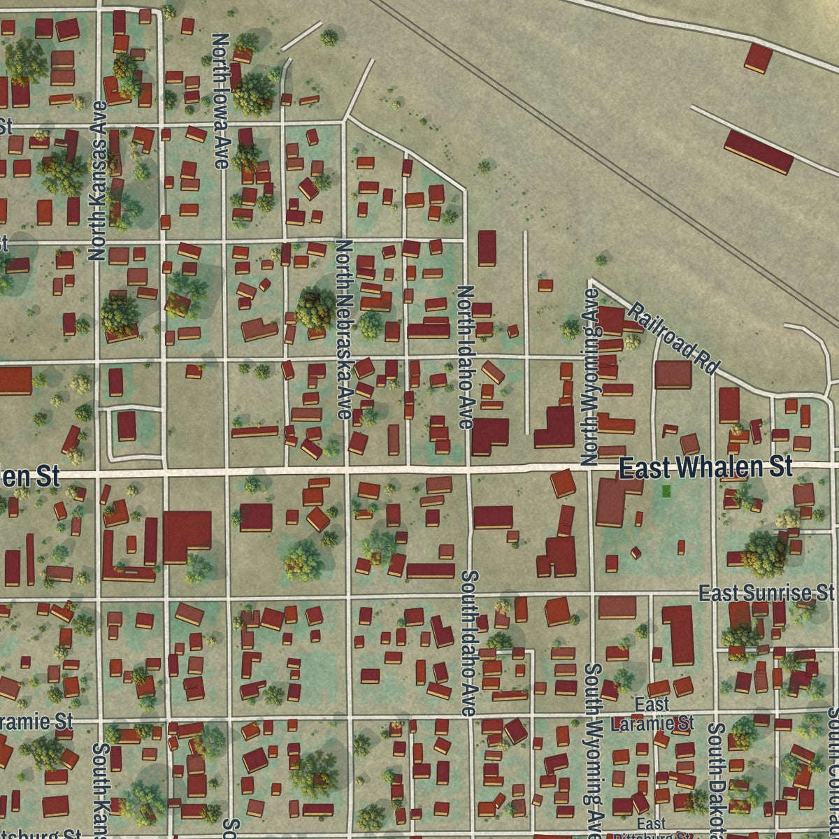 Close-up of the map of Guernsey, Wyoming print showing street and building detail