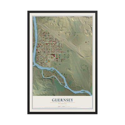 Map of Guernsey, Wyoming, 12 x 18 inch print in a black wood frame