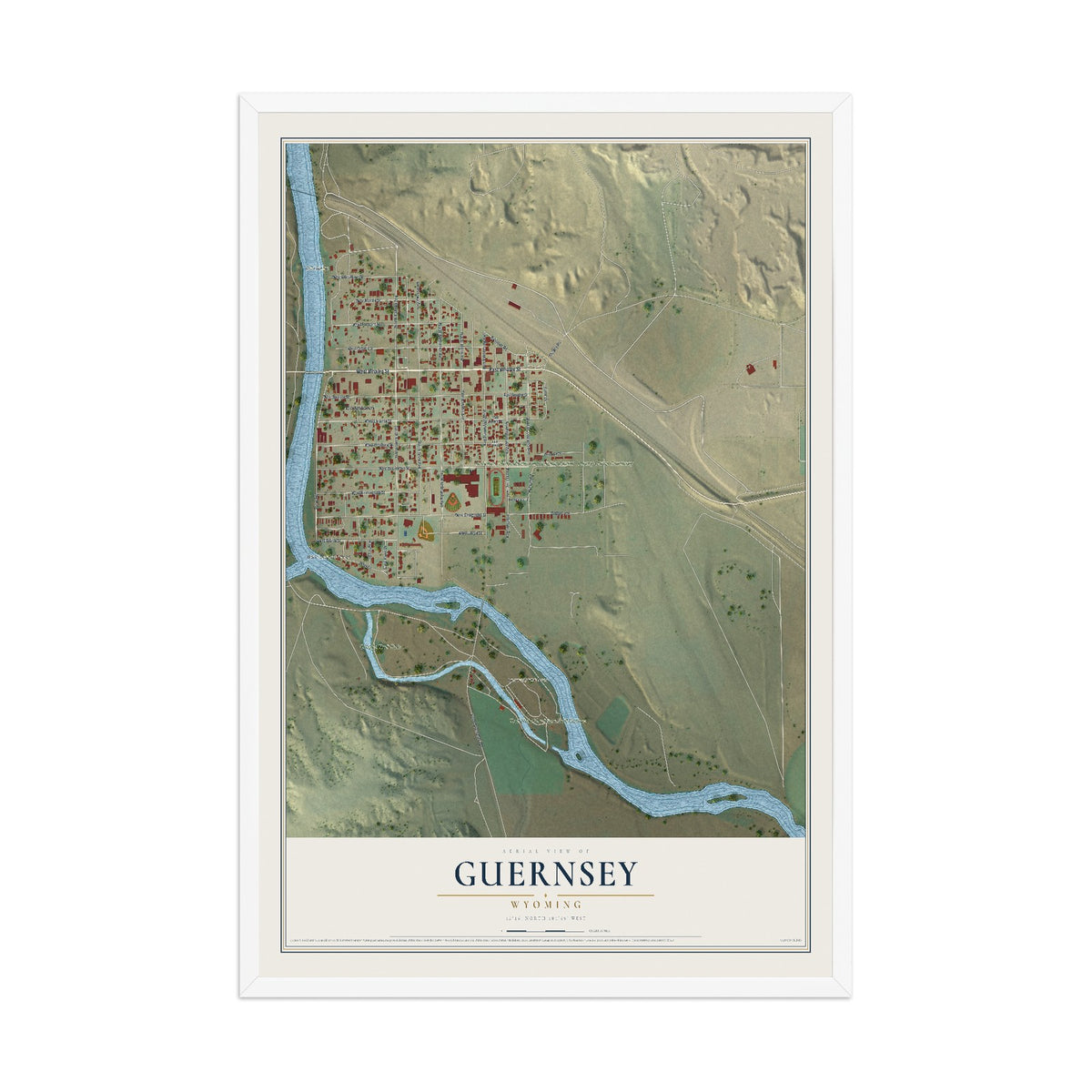 Map of Guernsey, Wyoming, 12 x 18 inch print in a white wood frame