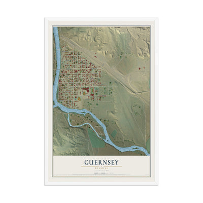 Map of Guernsey, Wyoming, 12 x 18 inch print in a white wood frame