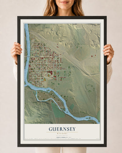 Map of Guernsey, Wyoming, 24 x 36 inch print in a black wood frame