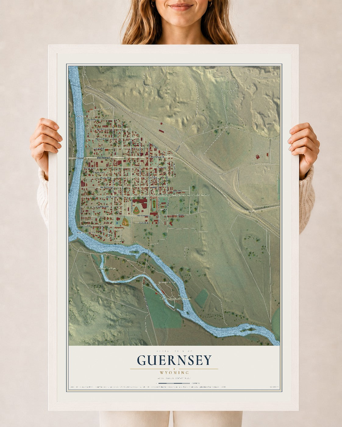 Map of Guernsey, Wyoming, 24 x 36 inch print in a white wood frame
