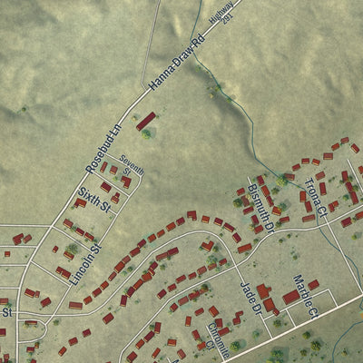 Second close-up of the map of Hanna, Wyoming print showing more streets and buildings