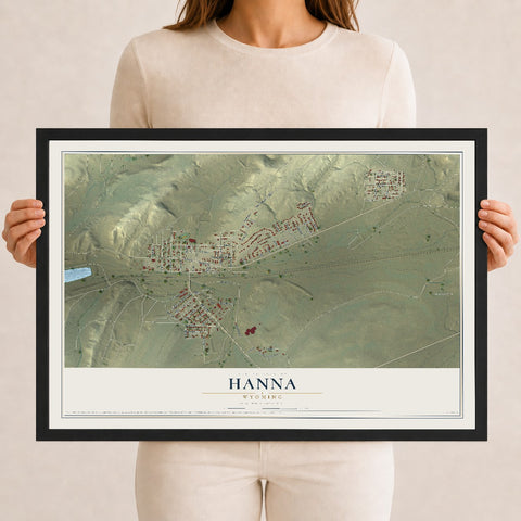 Map of Hanna, Wyoming, 12 x 18 inch print in a black wood frame