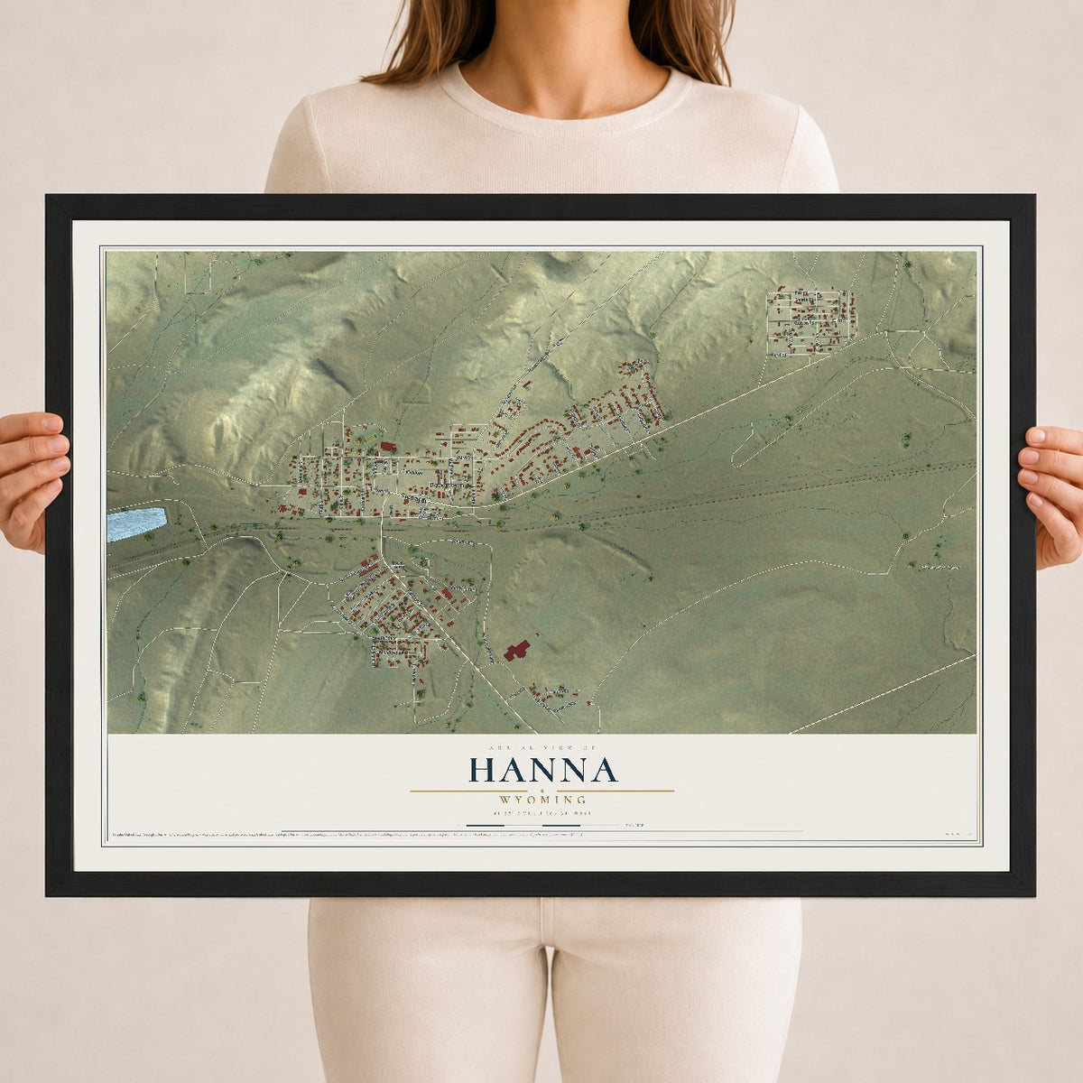 Map of Hanna, Wyoming, 18 x 24 inch print in a black wood frame