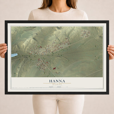 Map of Hanna, Wyoming, 18 x 24 inch print in a black wood frame