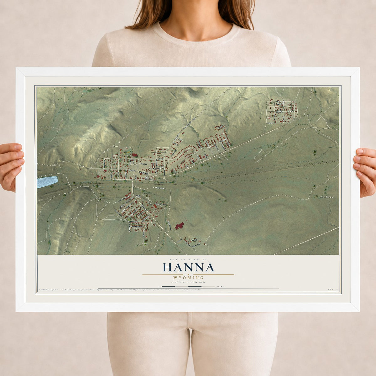 Map of Hanna, Wyoming, 18 x 24 inch print in a white wood frame
