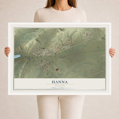 Map of Hanna, Wyoming, 24 x 36 inch print in a white wood frame