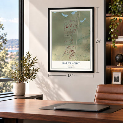 Hartrandt, Wyoming map, 18 x 24 inch print in a black frame in a home office