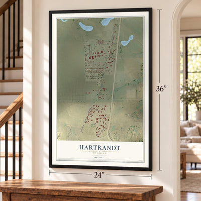 Hartrandt, Wyoming map, 24 x 36 inch print in a black frame by a staircase