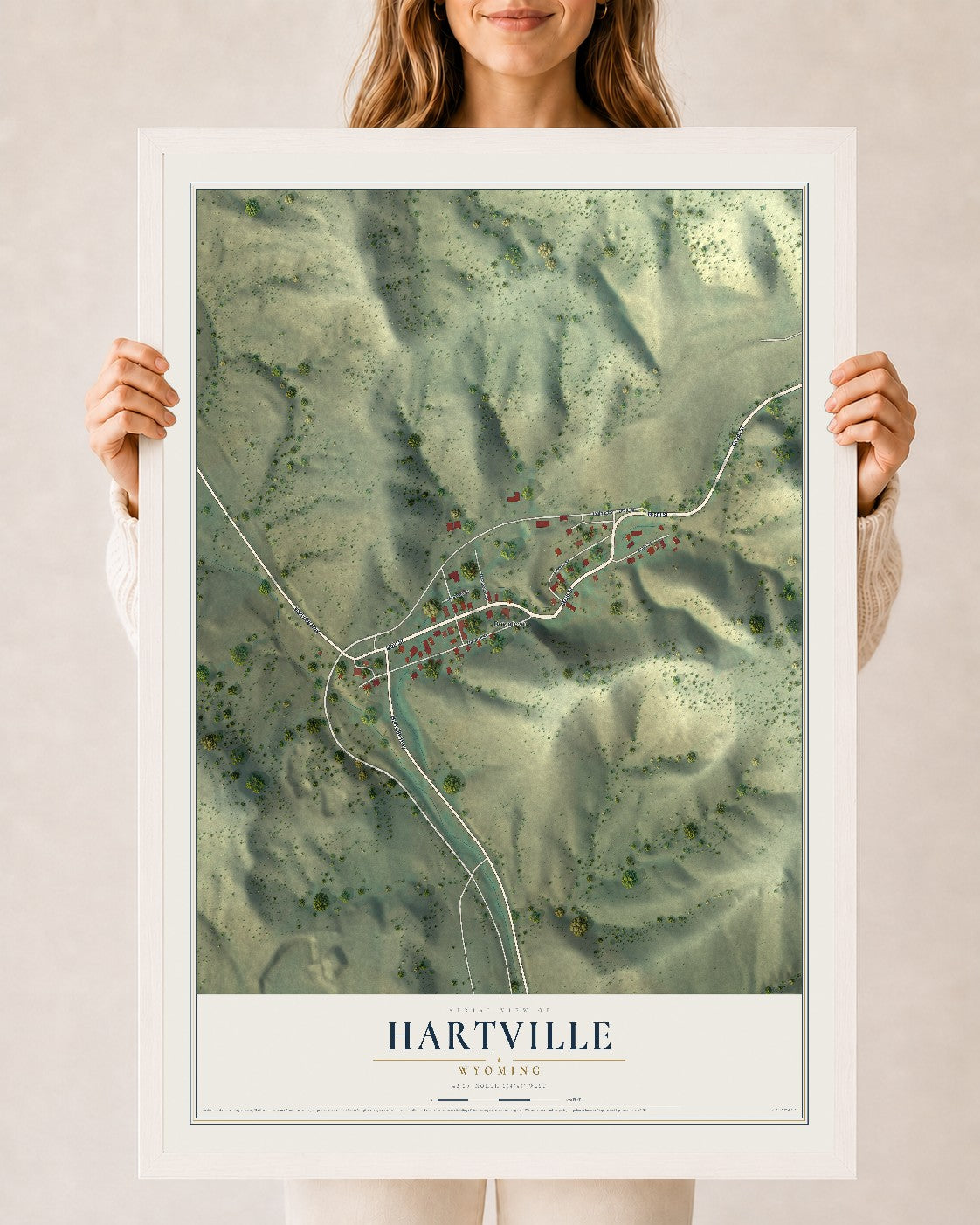 Map of Hartville, Wyoming, 24 x 36 inch print in a white wood frame