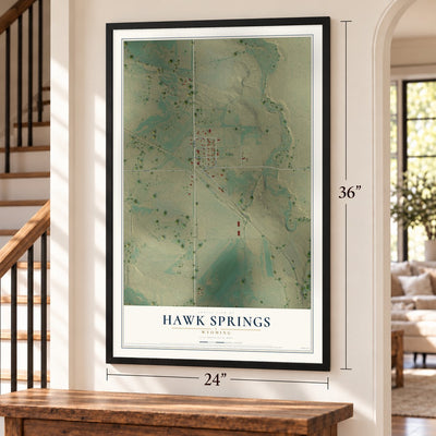 Hawk Springs, Wyoming map, 24 x 36 inch print in a black frame by a staircase