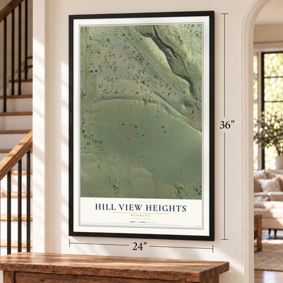 Hill View Heights, Wyoming map, 24 x 36 inch print in a black frame by a staircase