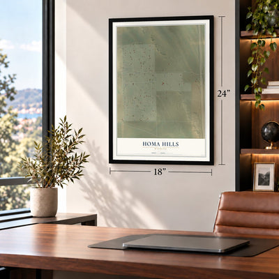 Homa Hills, Wyoming map, 18 x 24 inch print in a black frame in a home office