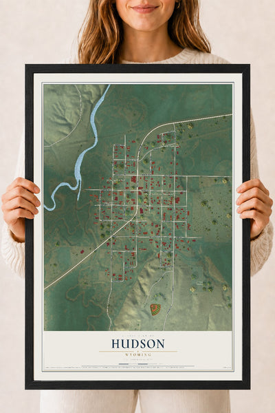 Map of Hudson, Wyoming, 18 x 24 inch print in a black wood frame