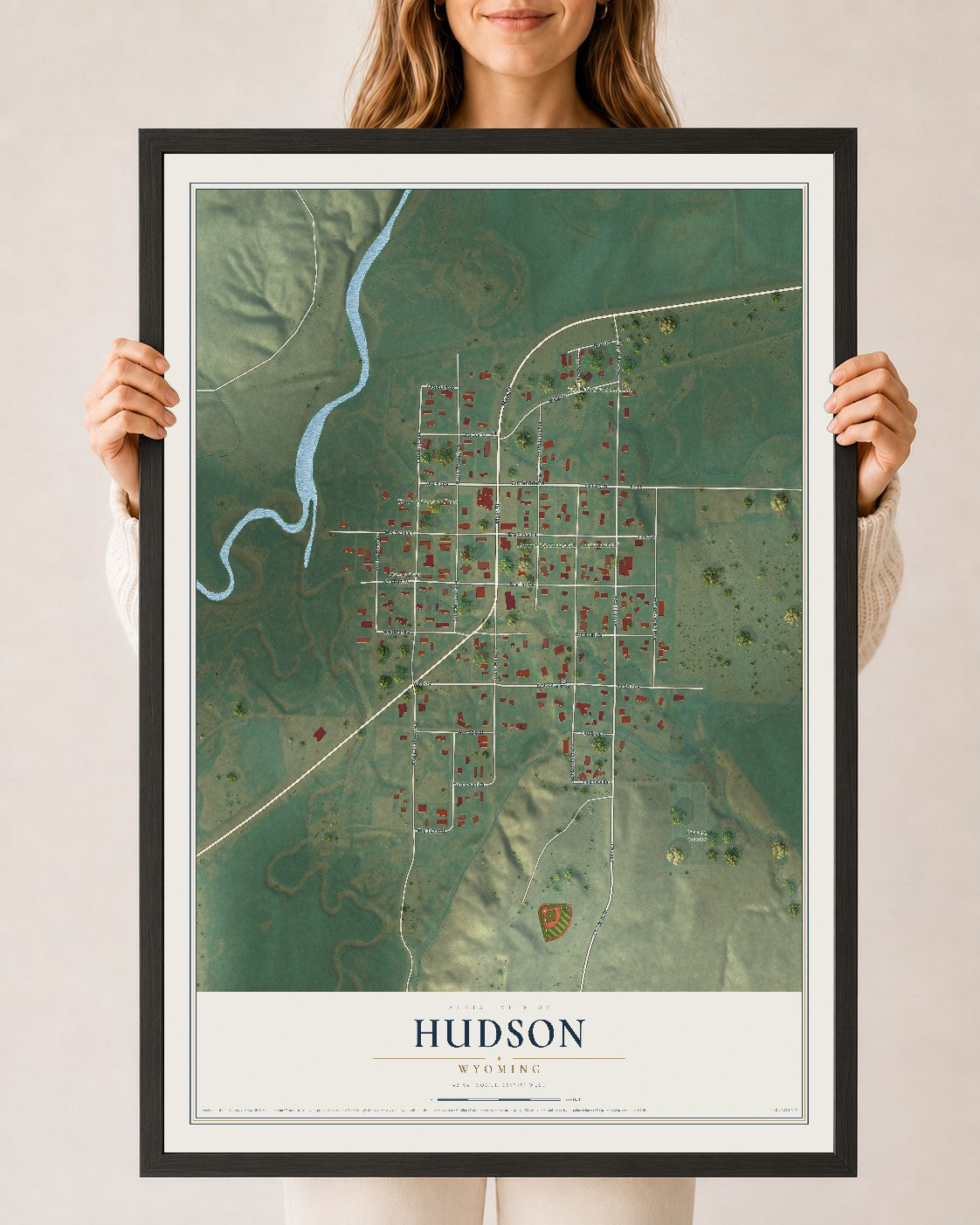 Map of Hudson, Wyoming, 24 x 36 inch print in a black wood frame
