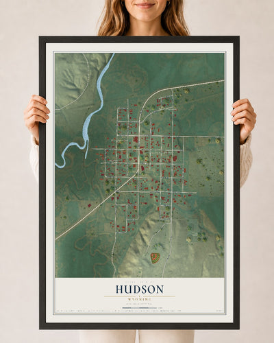 Map of Hudson, Wyoming, 24 x 36 inch print in a black wood frame