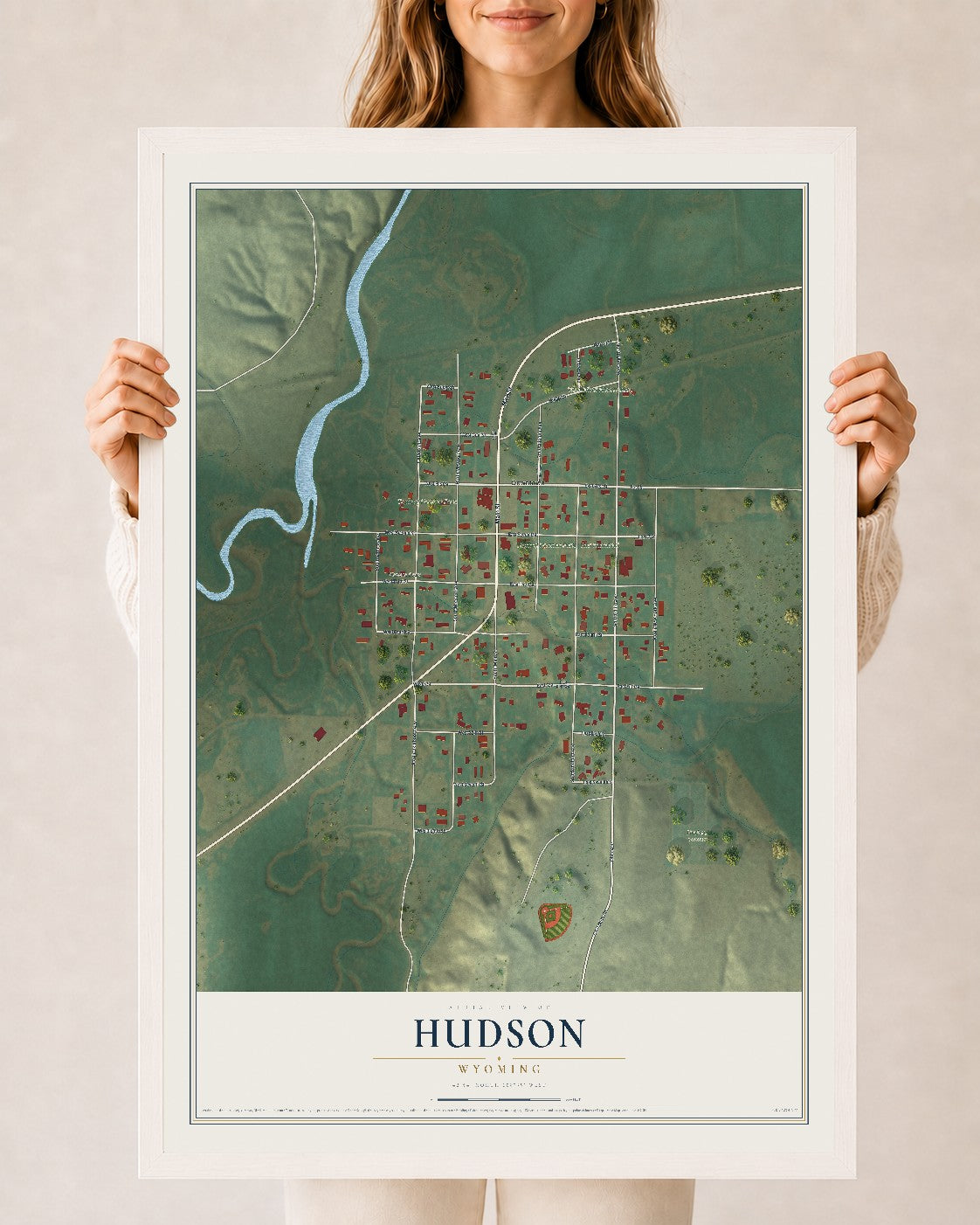 Map of Hudson, Wyoming, 24 x 36 inch print in a white wood frame