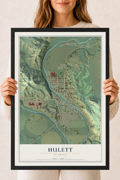 Map of Hulett, Wyoming, 18 x 24 inch print in a black wood frame