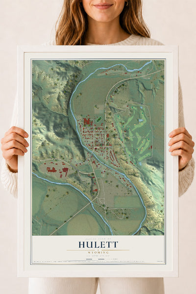Map of Hulett, Wyoming, 18 x 24 inch print in a white wood frame