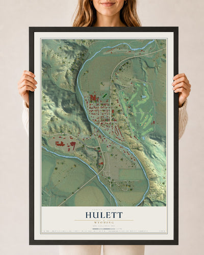 Map of Hulett, Wyoming, 24 x 36 inch print in a black wood frame