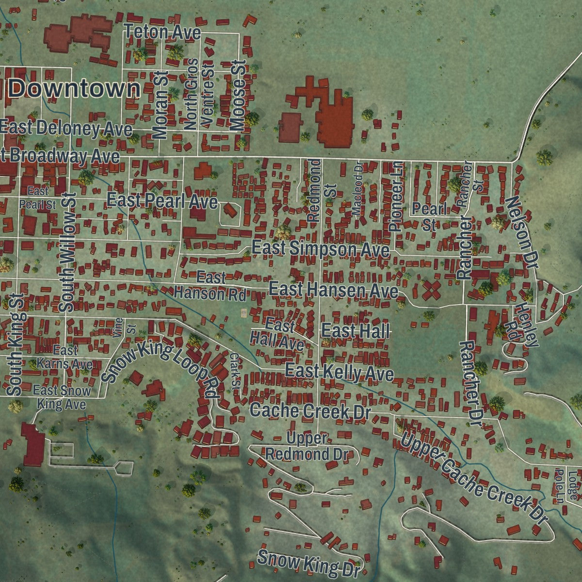 Close-up of the map of Jackson, Wyoming print showing street and building detail