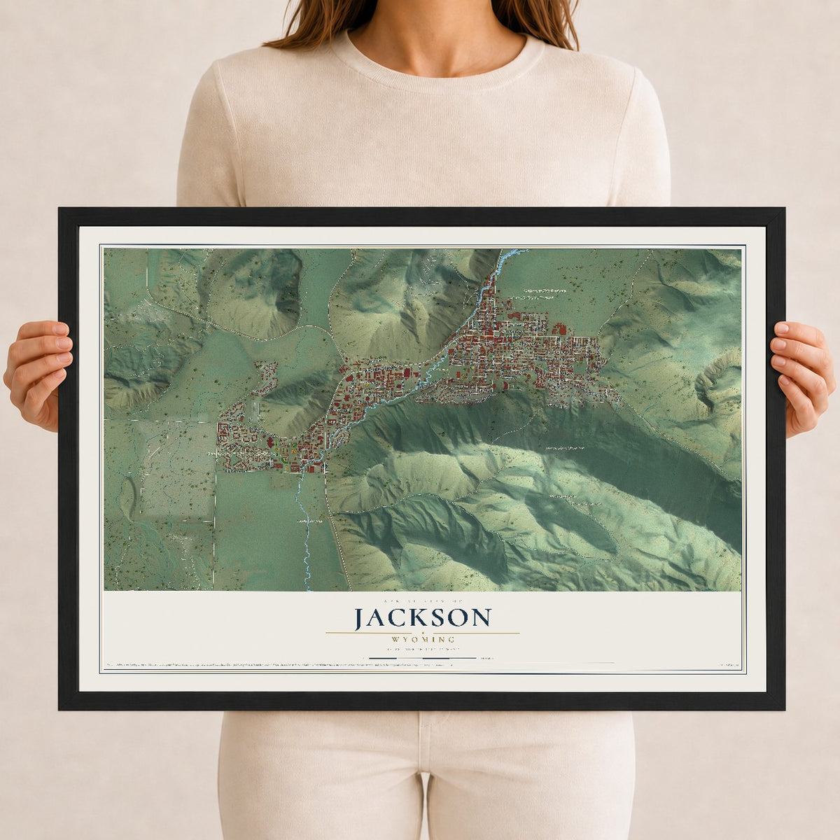 Map of Jackson, Wyoming, 12 x 18 inch print in a black wood frame