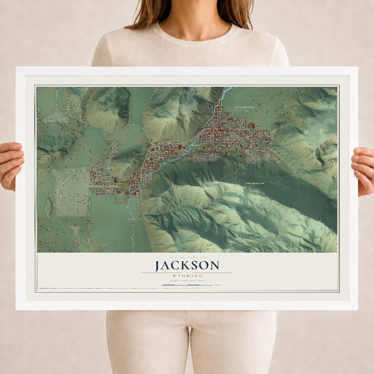 Map of Jackson, Wyoming, 18 x 24 inch print in a white wood frame