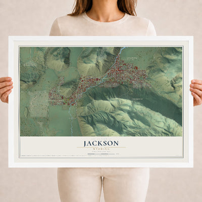 Map of Jackson, Wyoming, 18 x 24 inch print in a white wood frame