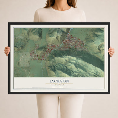 Map of Jackson, Wyoming, 24 x 36 inch print in a black wood frame