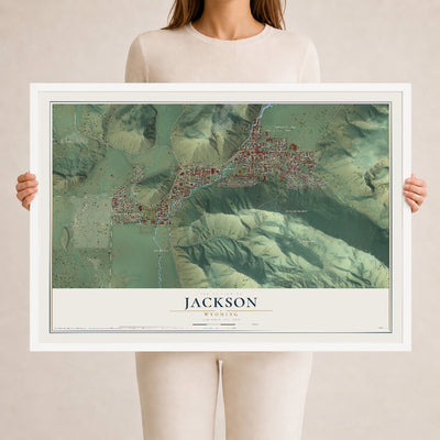 Map of Jackson, Wyoming, 24 x 36 inch print in a white wood frame