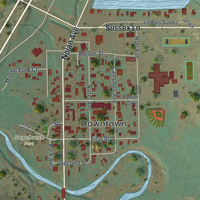 Close-up of the map of Kaycee, Wyoming print showing street and building detail