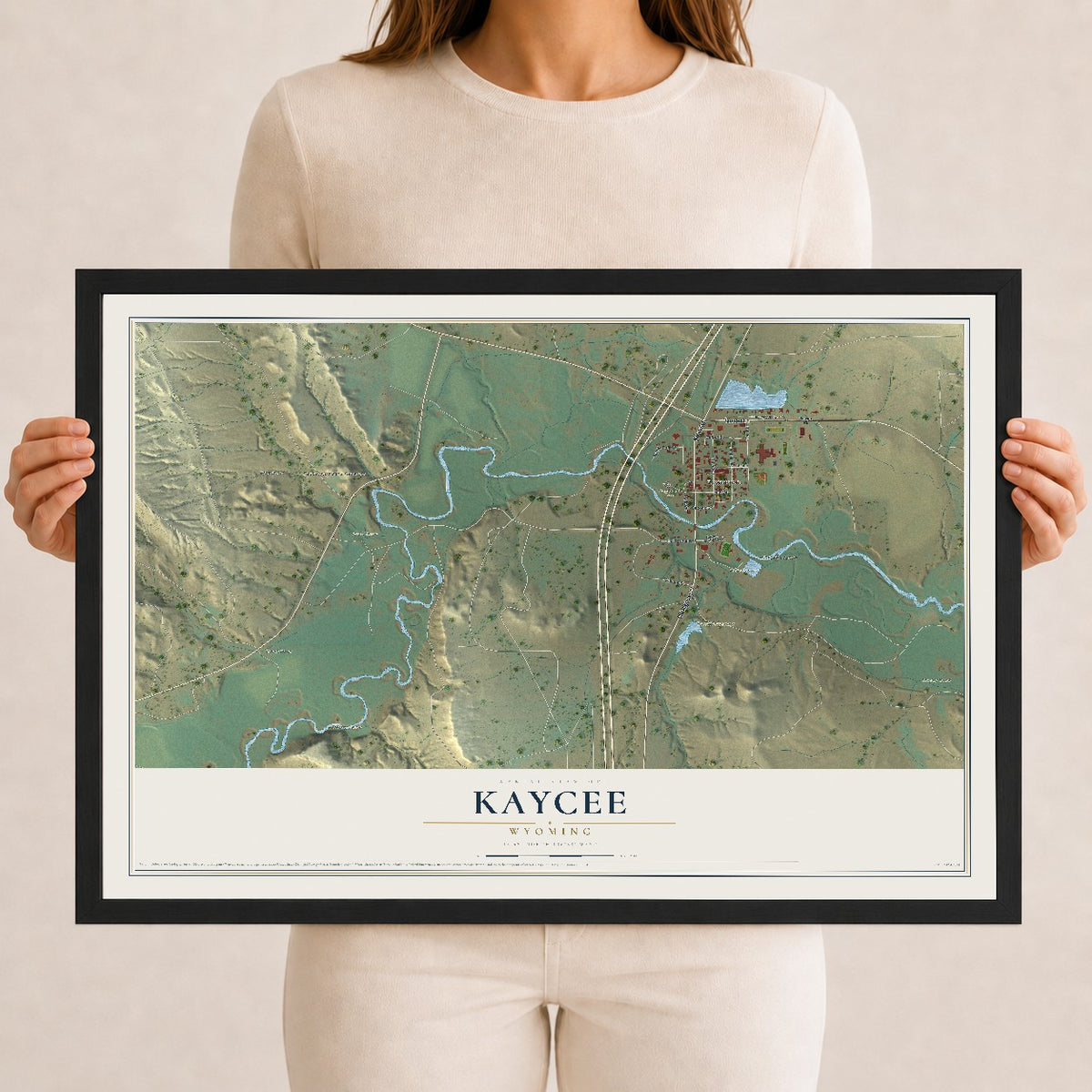 Map of Kaycee, Wyoming, 12 x 18 inch print in a black wood frame
