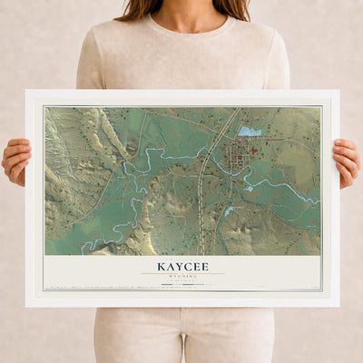Map of Kaycee, Wyoming, 12 x 18 inch print in a white wood frame