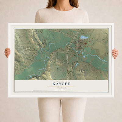 Map of Kaycee, Wyoming, 24 x 36 inch print in a white wood frame