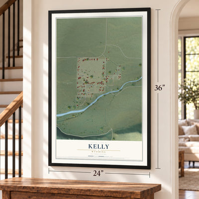 Kelly, Wyoming map, 24 x 36 inch print in a black frame by a staircase