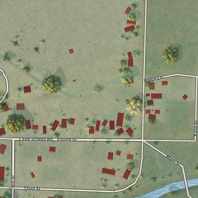 Close-up of the map of Kelly, Wyoming print showing street and building detail