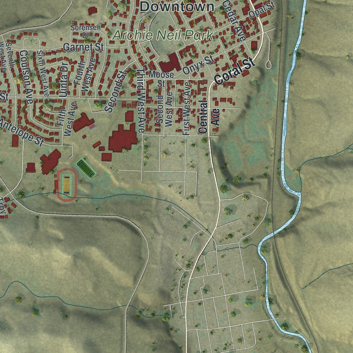 Close-up of the map of Kemmerer, Wyoming print showing street and building detail