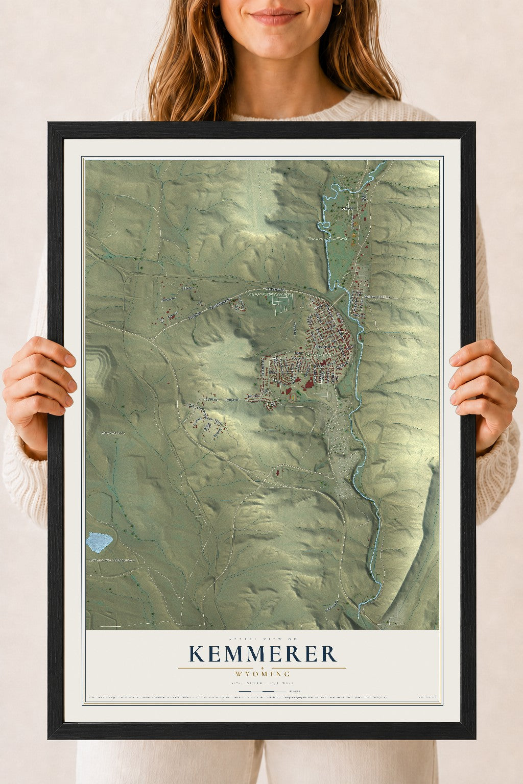 Map of Kemmerer, Wyoming, 18 x 24 inch print in a black wood frame