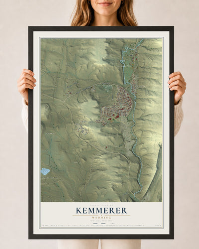 Map of Kemmerer, Wyoming, 24 x 36 inch print in a black wood frame