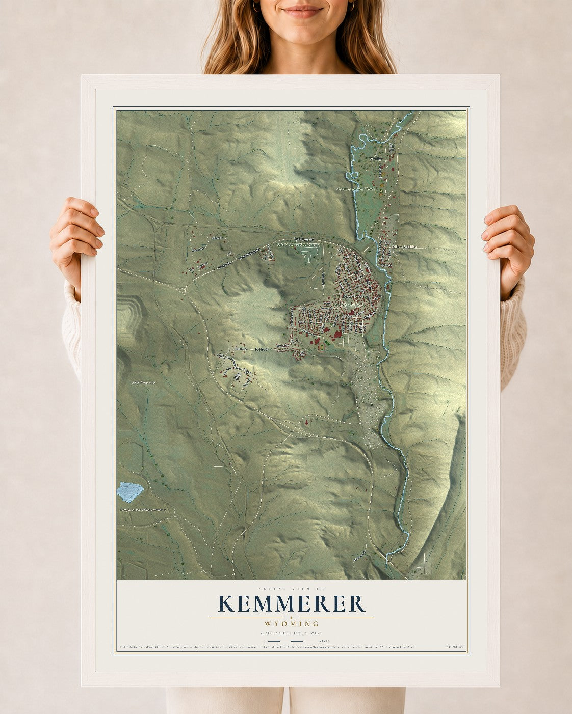Map of Kemmerer, Wyoming, 24 x 36 inch print in a white wood frame