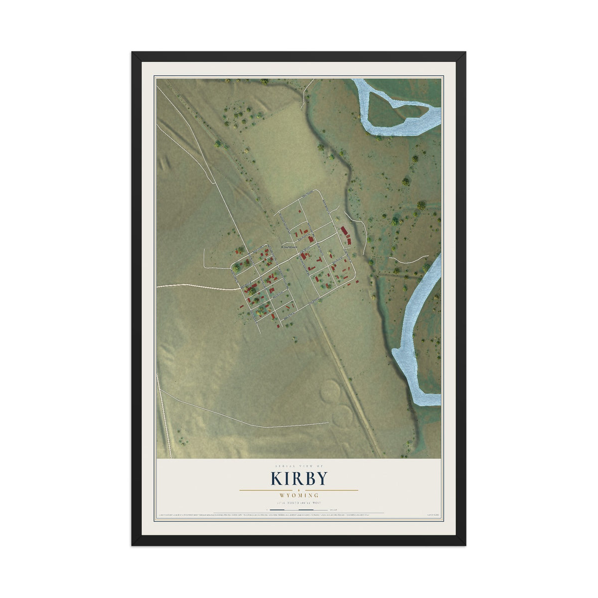 Map of Kirby, Wyoming, 12 x 18 inch print in a black wood frame
